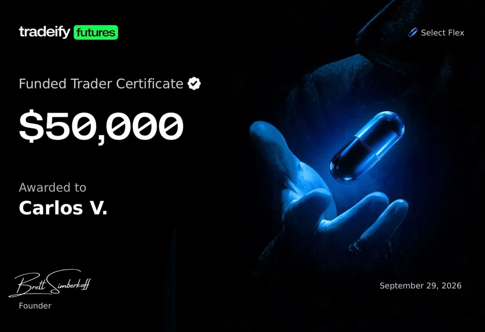 Certificado de cuenta fondeada de $50,000 en Tradeify