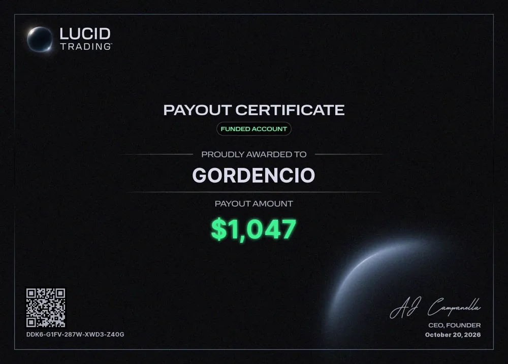 Certificado de retiro de $1,047 en Lucid Trading